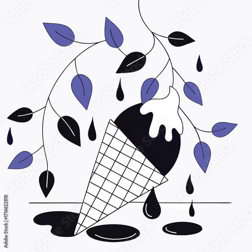 Ice cream cone tilted with melting chocolate and falling leaves Keywords: ice cream, cone, waffle