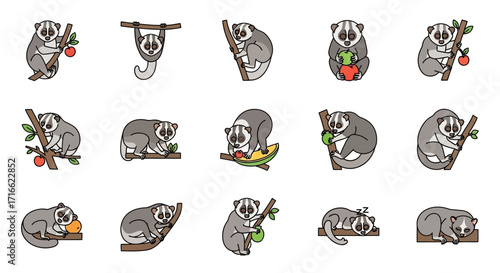 Adorable cartoon slow loris character icon set, a collection of cute grey primates in various poses with fruit.