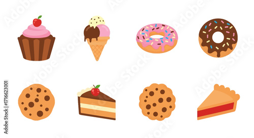 Assorted Sweet Treats - Cupcake, Ice Cream, Donuts, Cookies, Cake, and Pie.