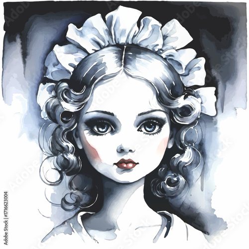 vintage doll head portrait with bonnet watercolor vector illustration