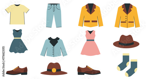 Assortment of Colorful Flat-Styled Clothing Items and Accessories, Isolated on White.