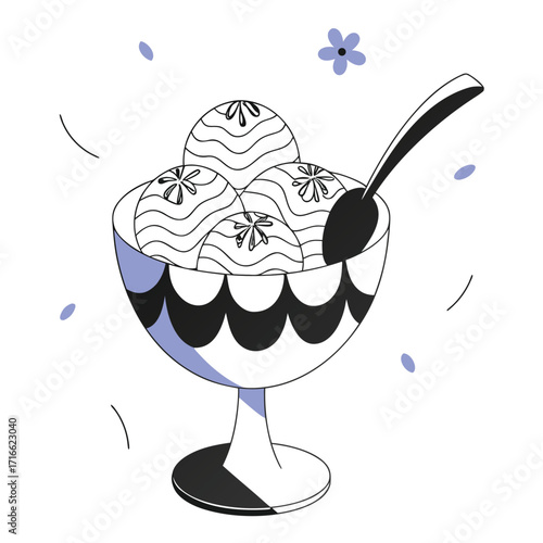 Ice Cream Sundae in a Bowl with a Spoon and Floating Petals Keywords: ice cream, sundae, bowl, spoon