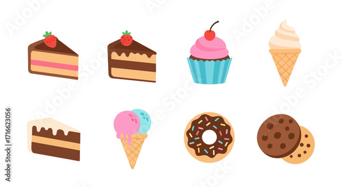 Assortment of Delicious Desserts Featuring Cakes, Cupcakes, Ice Cream, Donuts, and Cookies.