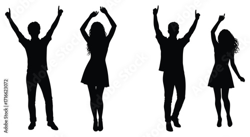Silhouettes of people jumping with arms raised in joyful celebration