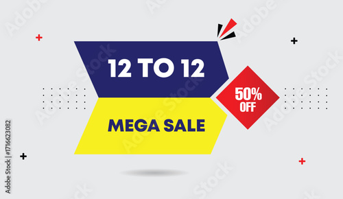 12 to 12 mega sale editable web banner fifty percent off dark navy blue yellow red gradient shapes minimal design light gray background promotional template creative graphic advertising layout