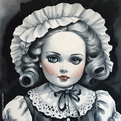 vintage porcelain doll face with bonnet, vector painting