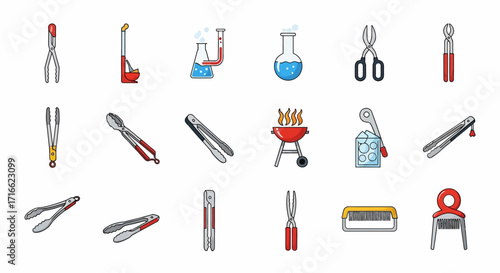 Assortment of Kitchen Tongs and Laboratory Equipment Tools.
