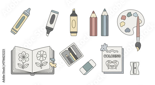 Collection of Art Supplies and Coloring Book for Creative Activities.
