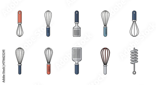 Collection of Assorted Kitchen Whisks and Spatulas with Colored Handles.