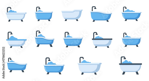 Collection of Bathtubs - Assorted Styles, Colors, and Designs with Faucets and Water.