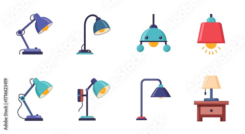 Collection of Colorful Desk Lamps, Pendant Lights, and Table Lamps.