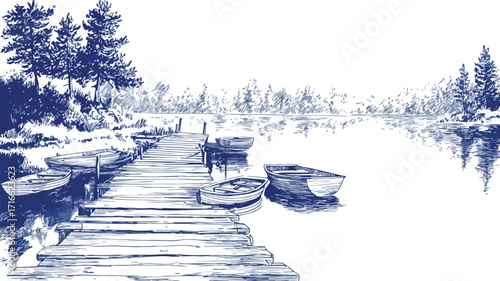 Tranquil Lakeside Pier with Moored Boats and Reflection in Water