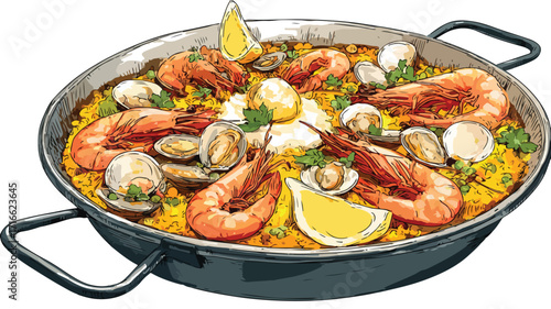 Authentic Traditional Spanish Paella Food Isolated on White Background