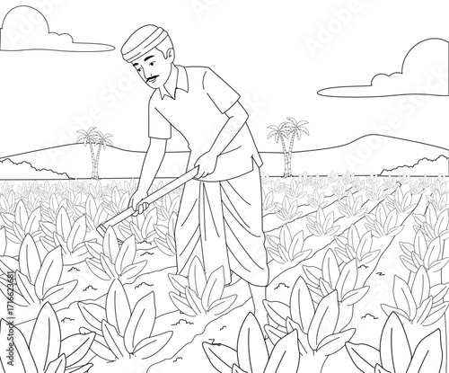 Farmer Working in Colouring Page. A Working Farmer Line Art. 