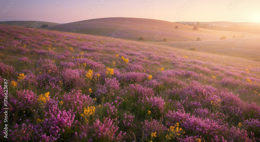 Obraz premium Golden Glow: A Hillside of Lavender and Wildflowers at Sunset