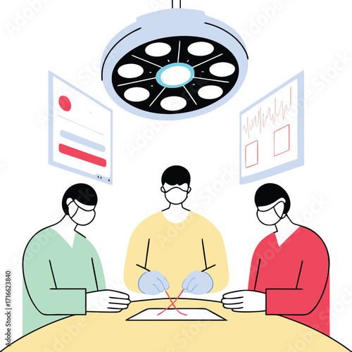 Surgeons team consulting medical documents during surgery preparation showing teamwork precision and