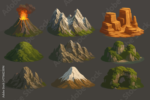 3D icons featuring various natural landscapes. All icons have a stylish, low-poly design on a gray background.