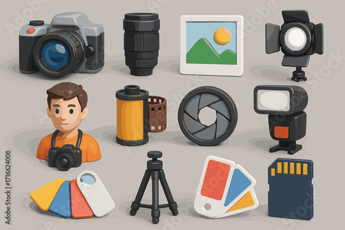 A set of 3D icons related to photography and filmmaking. Perfect for design, icons, or educational content.