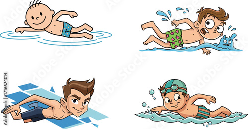 Cartoon boys swimming in pool water, kids learning to swim, aquatic sports, healthy lifestyle, summer fun, water activity, illustration