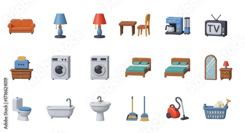 Collection of Household Furniture and Appliances - Couch, Lamp, Table, Bed, Washer, and More.