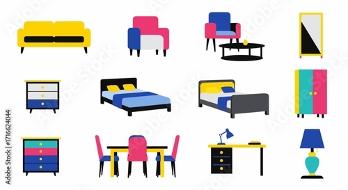 Collection of Modern Colorful Furniture Pieces for Home Interiors.