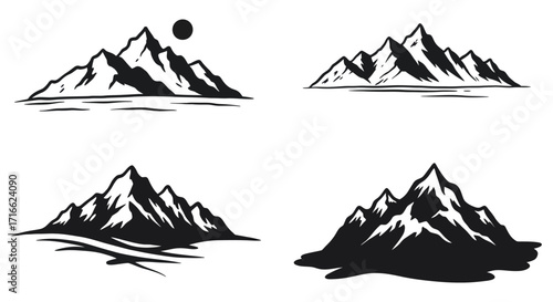 Minimalist black and white illustration of mountains and island landscapes
