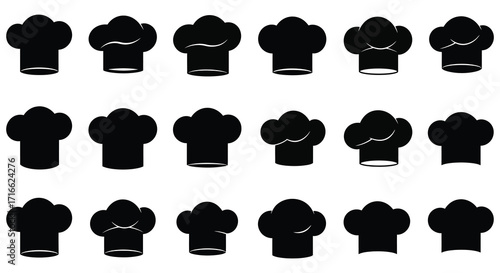 Collection of black and white chef hats in various styles displayed