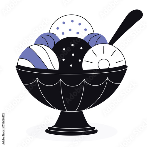 Ice cream sundae with multiple scoops and a spoon in a dark bowl Keywords: ice cream, sundae, bowl