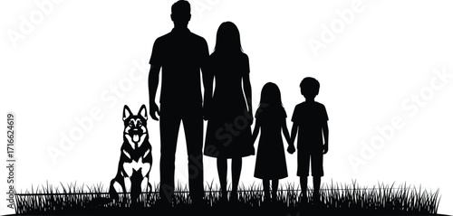 Family silhouette with dog on grass, black and white illustration, outdoor unity scene, parenting and pet companionship concept, white background
