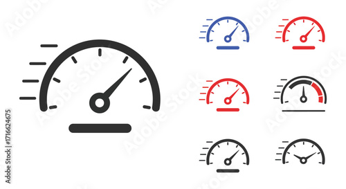 Speedometer gauges in various styles black outline and colored versions shown