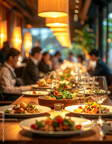 An elegantly set dining table laden with various gourmet dishes, illuminated by warm ambient lighting, suggesting a sophisticated culinary experience and fine dining