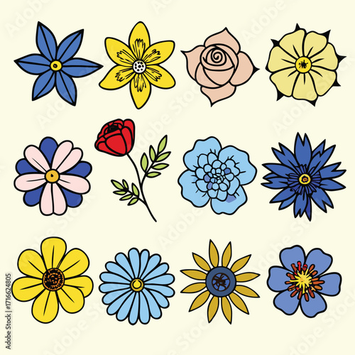 Twelve hand-drawn flowers in various colors and styles perfect for spring designs and floral project