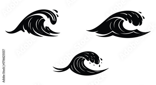 Black and white illustration showing three stylized ocean wave designs