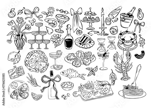 Hand-Drawn Wedding Dinner Icon Set – Doodle Style Illustrations of Festive Food, Cake, Champagne, and Canapés for Menus and Invitations