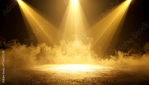 Golden spotlights shine down upon a smoky stage, illuminating a textured surface with soft, diffused light