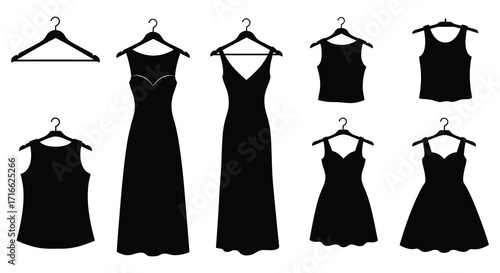 A collection of black dresses and hangers displayed in a row