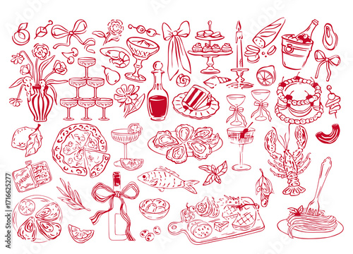 Hand-Drawn Wedding Dinner Icon Set – Doodle Style Illustrations of Festive Food, Cake, Champagne, and Canapés for Menus and Invitations