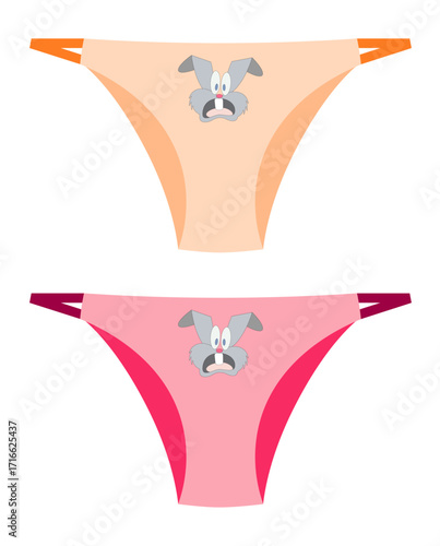 Icon of underwear for women or girls. Women's panties with a cartoon-style bunny. EPS 10 Vector illustration