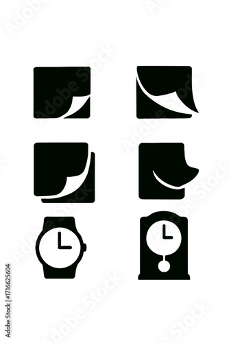Vector art of collection of sticky note and clock icon set, representing reminders and timekeeping elements