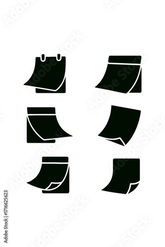 Vector art of six black calendar icons representing schedule, reminder, event, and appointment management for business and personal use