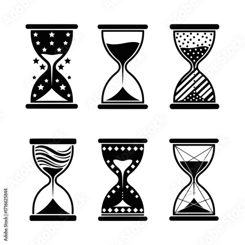 Vector art of collection of decorative hourglass icons, symbolizing the passage of time, deadlines, and fleeting moments