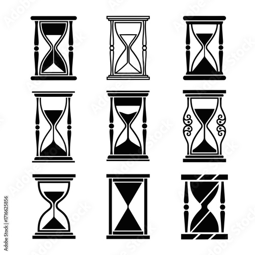 Vector art of set of nine different hourglass designs, each with a unique shape and style, representing the passage of time