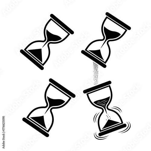 Vector art of four hourglasses in different positions, symbolizing the passage of time and the concept of running out of time