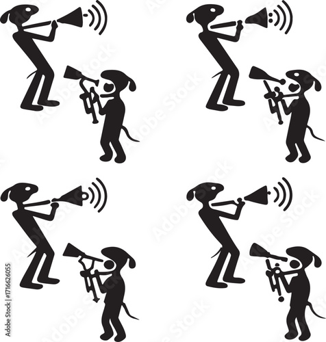 Four instances of a stylized black silhouette of a person and a dog holding megaphones with sound waves emanating from them on a white background