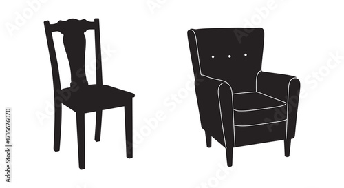 Simple black silhouettes of a wooden chair and an upholstered armchair
