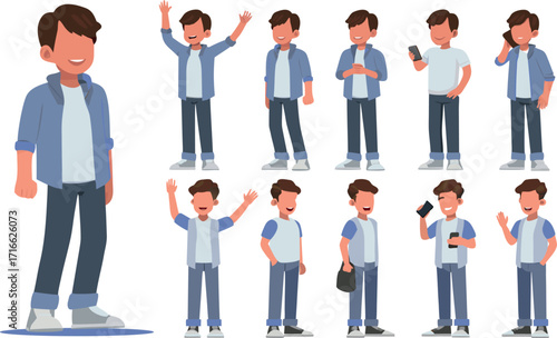 Editable Vector Illustration of a Young Man’s Daily Life from Greetings to Using Technology in Clean Vector Art on a White Background