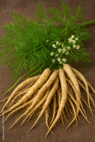 asparagus racemosus shatavari roots with fresh leaves and flowers ayurvedic herb