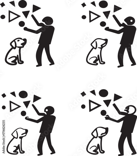 Four instances of a stylized black silhouette of a person interacting with a dog amidst scattered geometric shapes like circles and triangles on a white background
