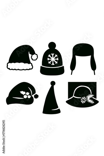 Illustration of various winter hats, including santa hat, beanie, trapper hat, and sun hat for cold weather