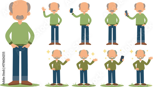 Editable Vector Illustration of a Happy Retired Gentleman Smiling and Waving, Embracing Technology and Life with Gentle Gestures in Clean Vector Style on a White Background.
